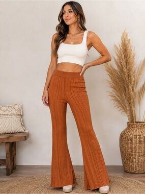 NWT Mo:Vint Brown Pointelle Knit Flare Pants Small Boho Pull-On Wide Leg